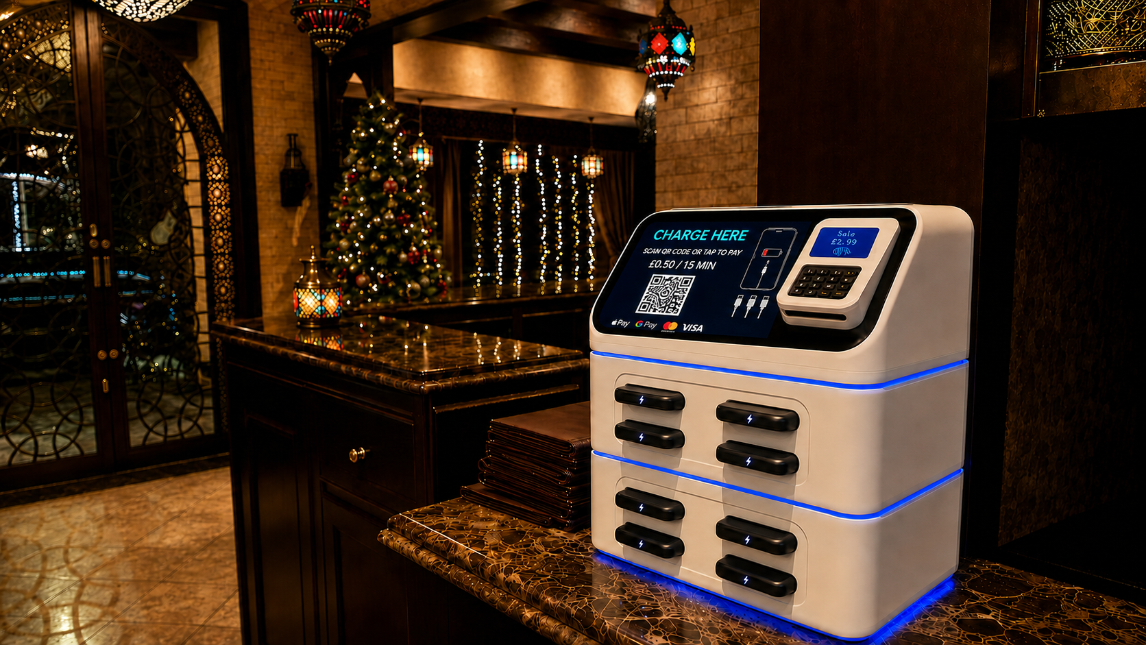 PocketVolt power-bank station installed inside Samad Al Iraqi in Kensington