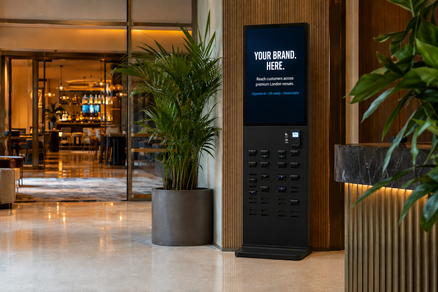 PocketVolt large-format charging station in a hotel lobby
