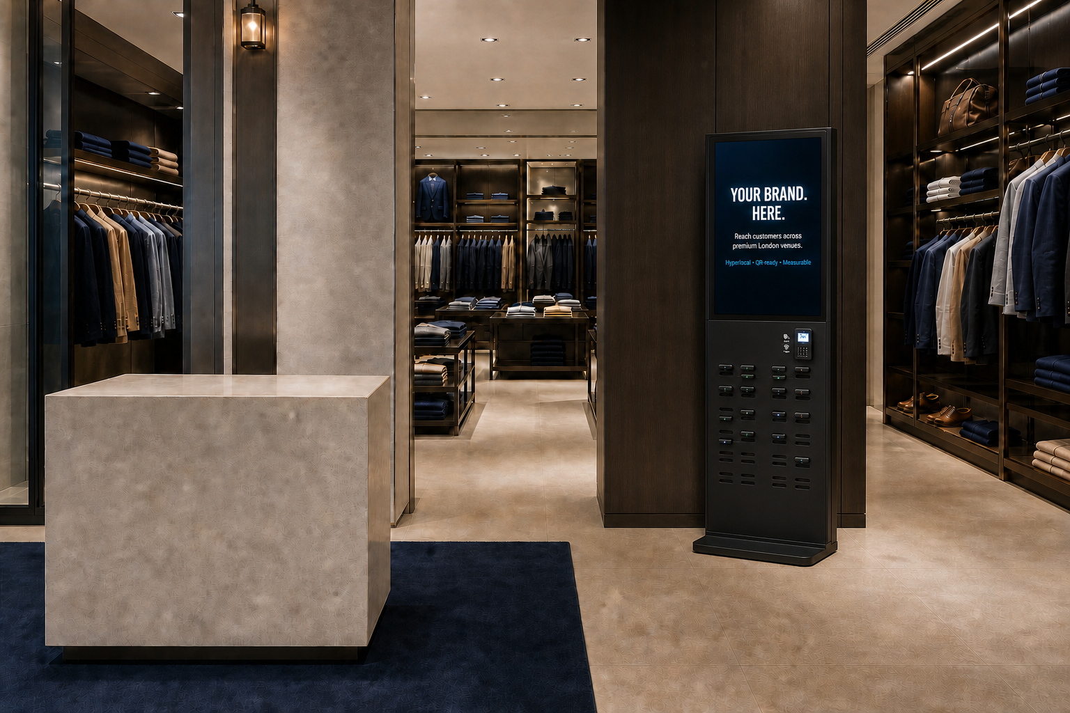 Prominent black large-format charging station installed flush against a fitted wall in a premium retail store